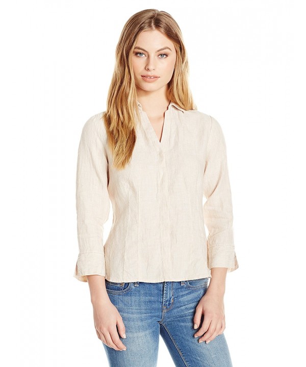 Women's Petite Size 3/4 Sleeve Taylor Chambray Linen Shirt - Flax ...