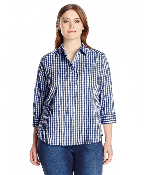 Women's Plus Size 3/4 Sleeve Sue In Crinkle Gingham Shirt - Navy ...