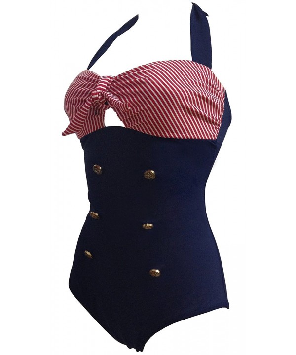 Retro Stripe Sailor Nautical One Piece Swimsuit Swimwear(FBA) - Navy ...