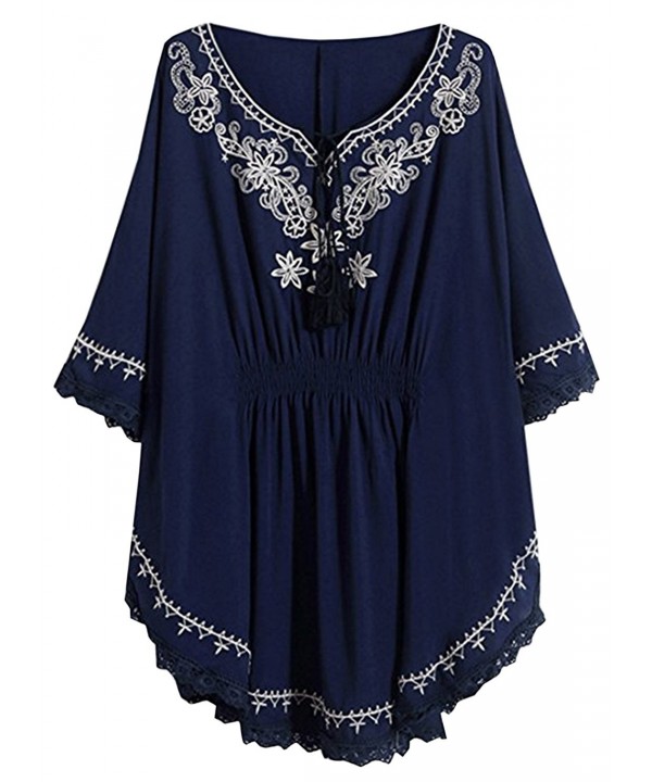 Women Ethnic Floral Embroidery Batwing Sleeves Lace Hem Peasant Tassel ...