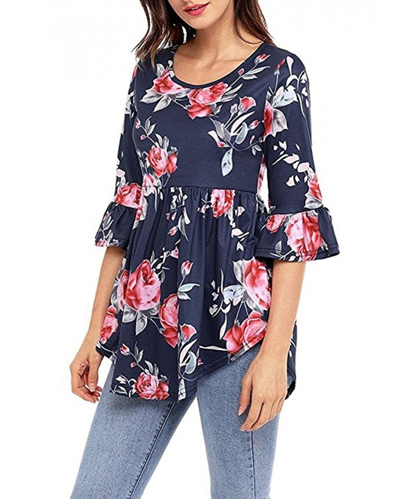 Women 3 4 Ruffle Detailed Sleeve Floral Blouses - Navy Blue - CX186UHGW9L