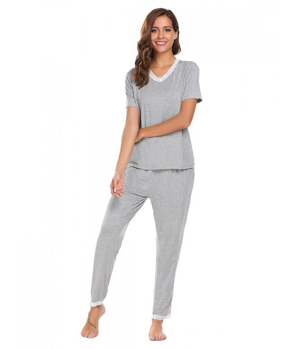 Women's Loungewear Lace-trimmed Short Sleeve Top and Full Pants Pajamas ...
