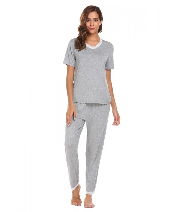 Women's Loungewear Lace-trimmed Short Sleeve Top and Full Pants Pajamas ...