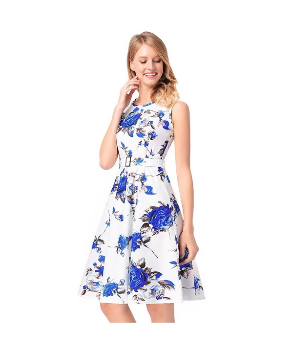 Women Casual Summer Sleeveless Floral Print Dress With Belt - Blue ...