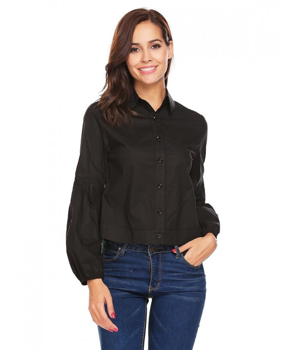 Women's Casual Puff Long Sleeve Blouse Short Button Down Shirts - Black ...
