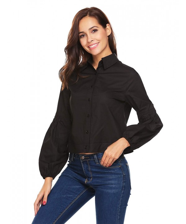 Women's Casual Puff Long Sleeve Blouse Short Button Down Shirts - Black ...