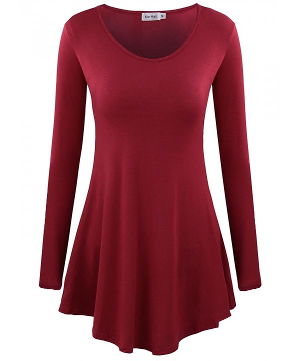 Women's Long Sleeve Asymmetrical Hem Flared Tunic Top - Wine Red ...