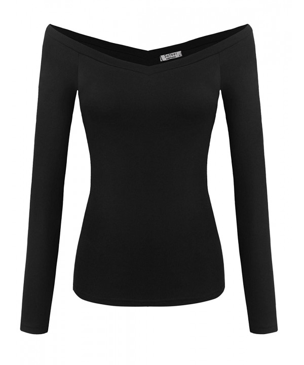 Women Off-Shoulder V Neck T-Shirt Long Sleeve Slim Fit Stretch Crop Top ...