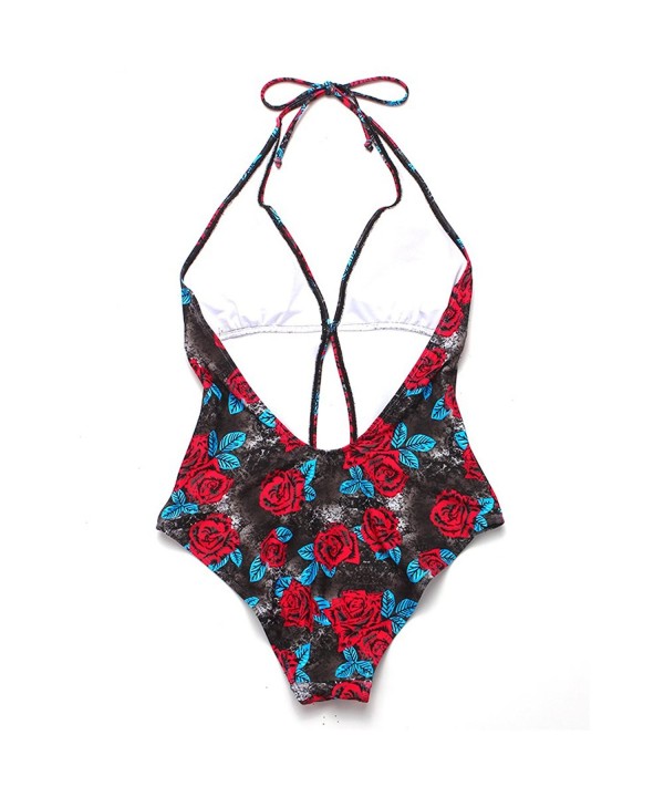 Retro One Piece Swimsuits For Women Halter Floral Print - Red - CS184YOTISI