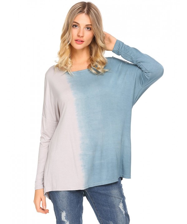 Women Long Sleeve Casual Ombre Open Back Loose Tunic Tops Blouse - Blue ...