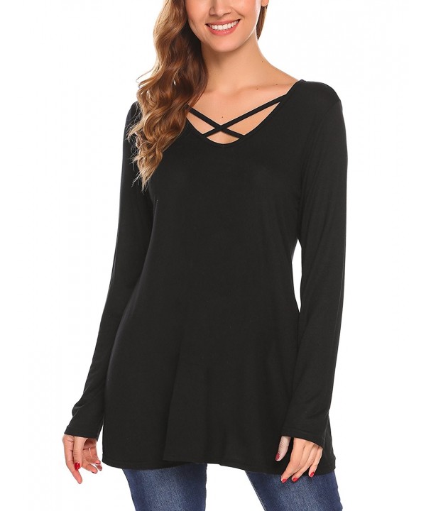 Women Long Sleeve Criss Cross Print Blouse T Shirt Tunic Tops - Black ...