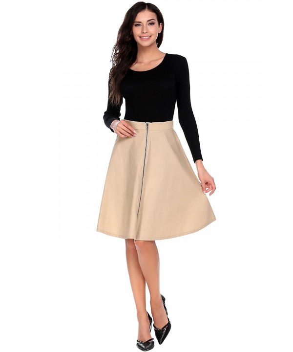 Front Zipper Flare Skirt High Waist Stretch Knee Length A Line Skirt ...