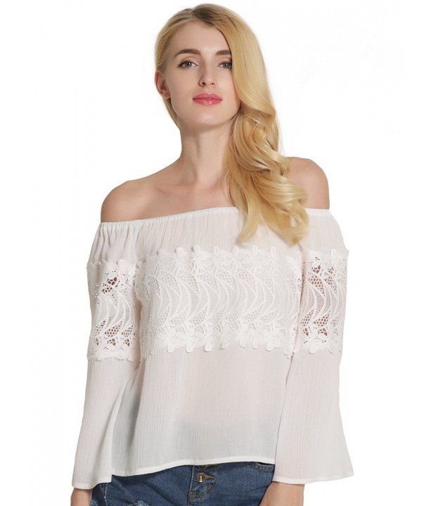 Lace Crochet Long Sleeve Off Shoulder Tops Blouse - White - CA17X6H3TWD