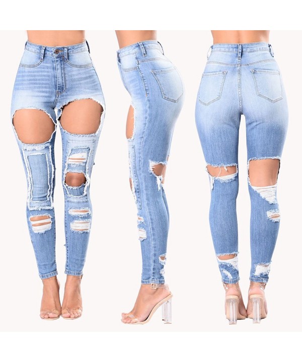 Womens Casual Ripped Skinny Jeans High Waisted Distressed Denim Pants ...