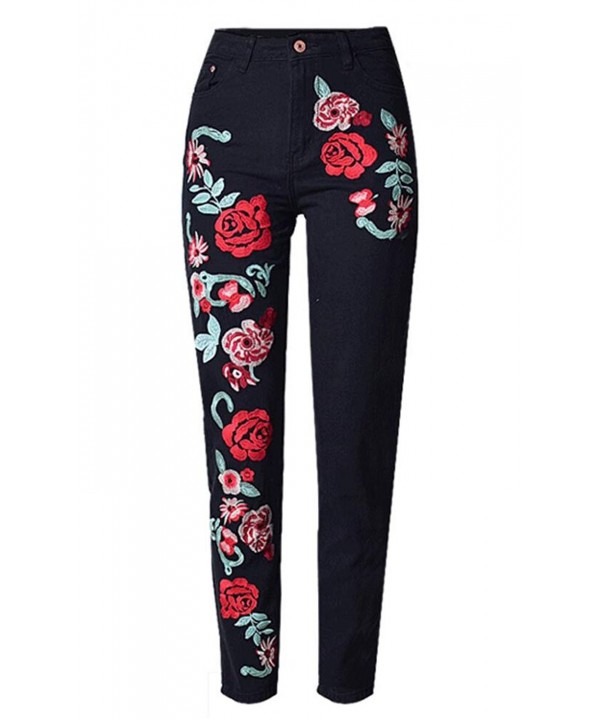 Womens Waisted Embroidered Jeans Black