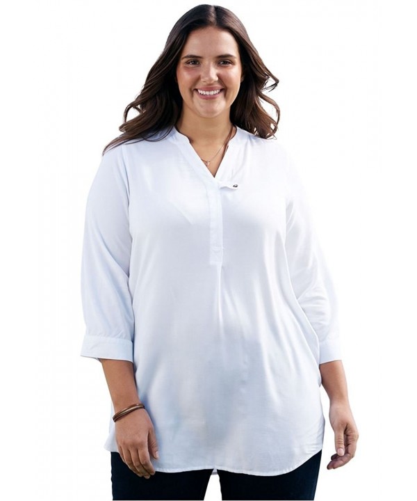Women's Plus Size 3/4 Sleeve Tab-Front Blouse - White - C912BD06BJL