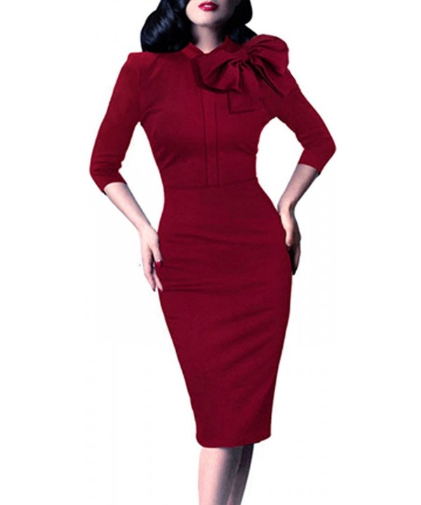 Women's Vintage Bowknot 3/4 Sleeve Party Dress B244 - Red - C912CW4GJT9