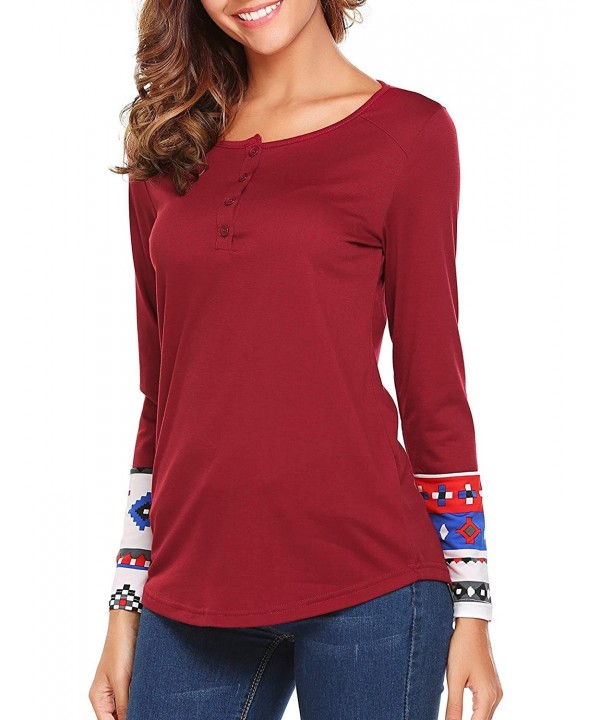 Womens Long Sleeve Scoop Neck Blouse Geometric Print Henley Tee Shirt S ...
