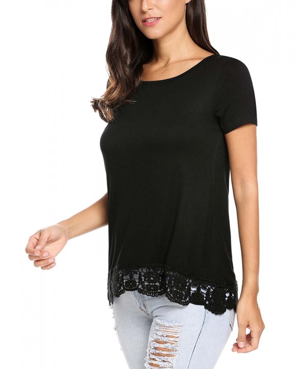 Women's Short Sleeve A-Line Lace Stitching Trim Casual Blouse - Black ...