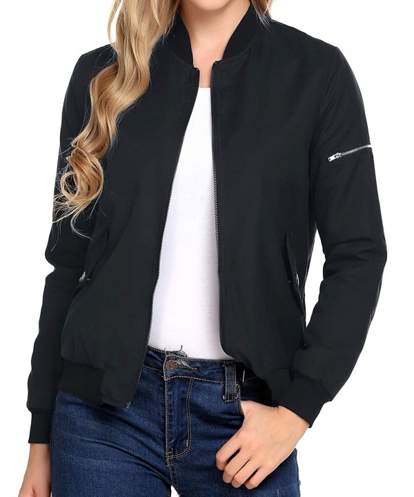 Women's Zipper Quilted Side Pockets With Press Stud Lightweight Bomber  Jacket - Black - CO185RN02ID