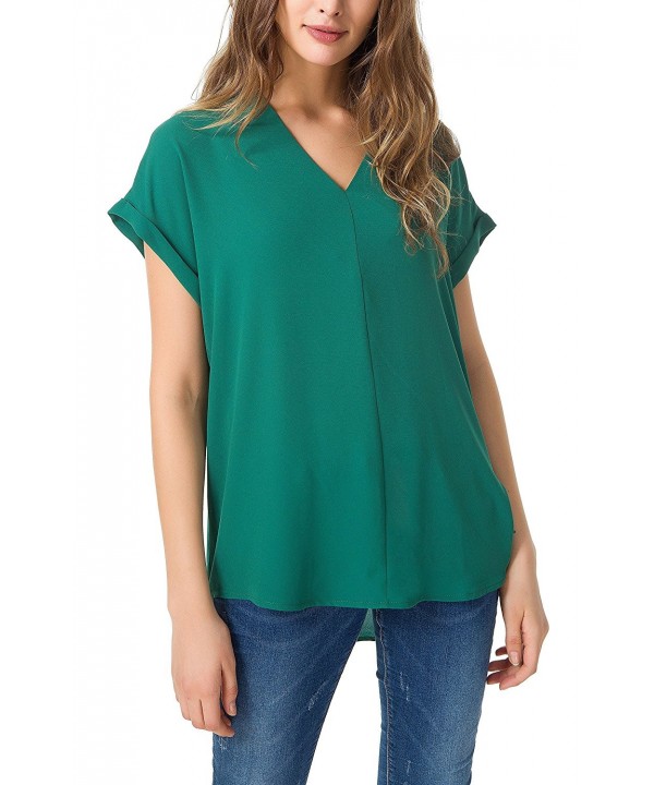 Women's V Neck Chiffon Blouse High Low Casual Loose Fit Shirt Chic Top ...