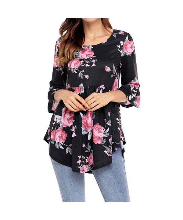 Women 3/4 Ruffle Sleeve Floral Babydoll Tops- Cute Blouse - Black ...