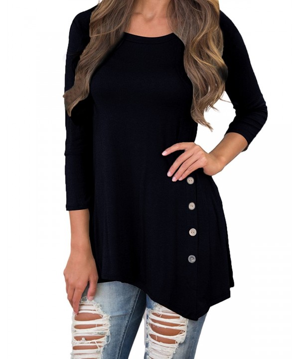 Women Tunic Shirts Tops 3/4 Sleeve Loose Scoop Neck Button Casual ...