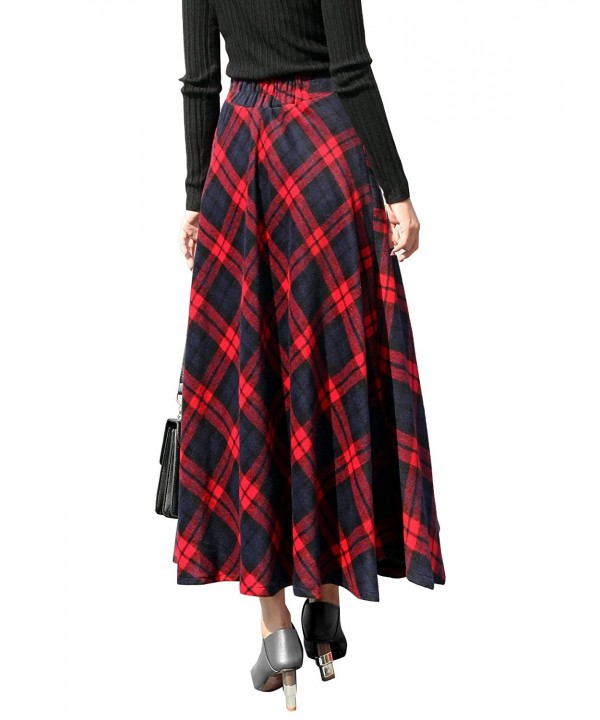 Womens High Waist Winter Warm Long Maxi Skirt Flare A-line Plaid Skirts ...