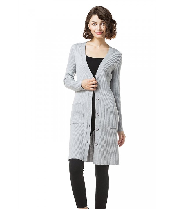 Womens Long Sleeve Button Down Pocket Sweater Cardigan - Grey - C3184AYSSON