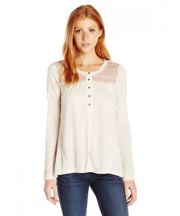 Women's Long Knit Henley With Crochet At Sleeves and Contrast Yoke ...