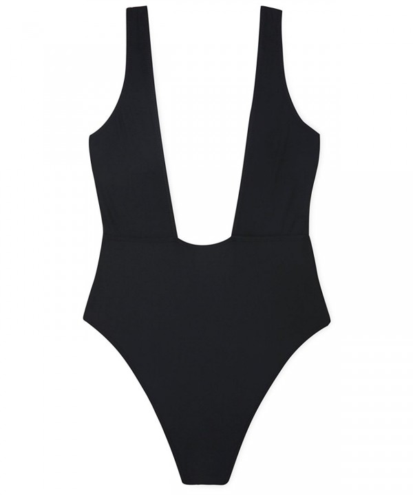 Sexy High Cut One Piece Swimsuit For Women- Black Plunge Backless ...