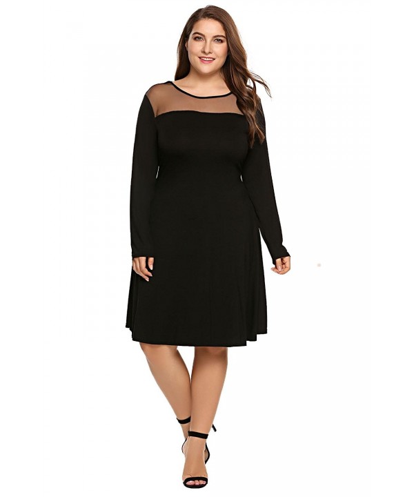 Plus Size Sheer Patchwork Long Sleeve Swing Dress - Black - CG183UUMREK