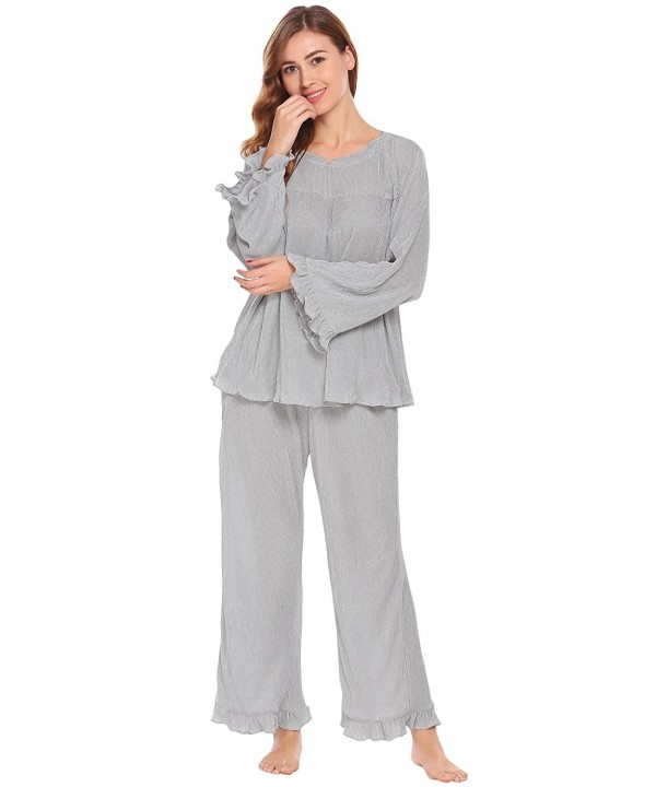 Womens Loose Nightwear O-Neck Long Sleeve Ruffles Textured Pajamas Set ...