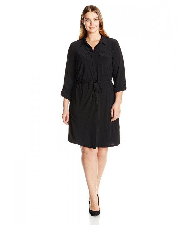 Women's Plus Size Solid 3/4 Sleeve Point Collar Shirt Dress - Black ...