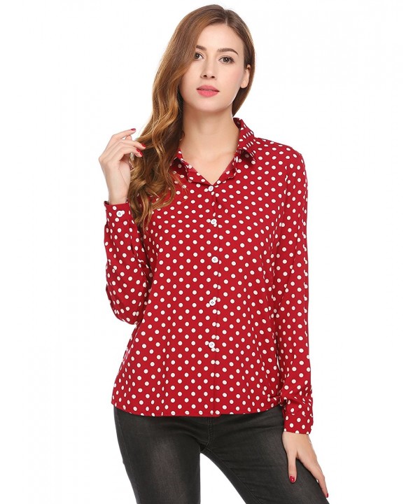Polka Dot Shirt-Women Chiffon Summer Long Sleeve V Neck Button Tops Blouse  - Red - C8183C0W6E5