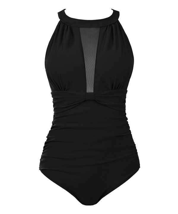 Women's Swimsuit Mesh Deep V Design Halter One Piece Monokini - Black ...