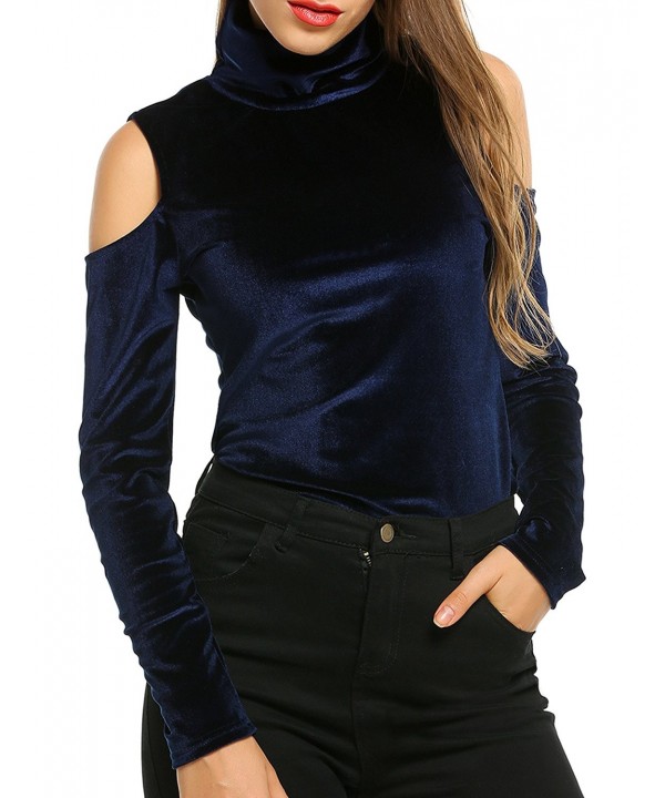 Women's Turtleneck Pullover Cold Shoulder Velvet Tops Shirt - Navy Blue ...