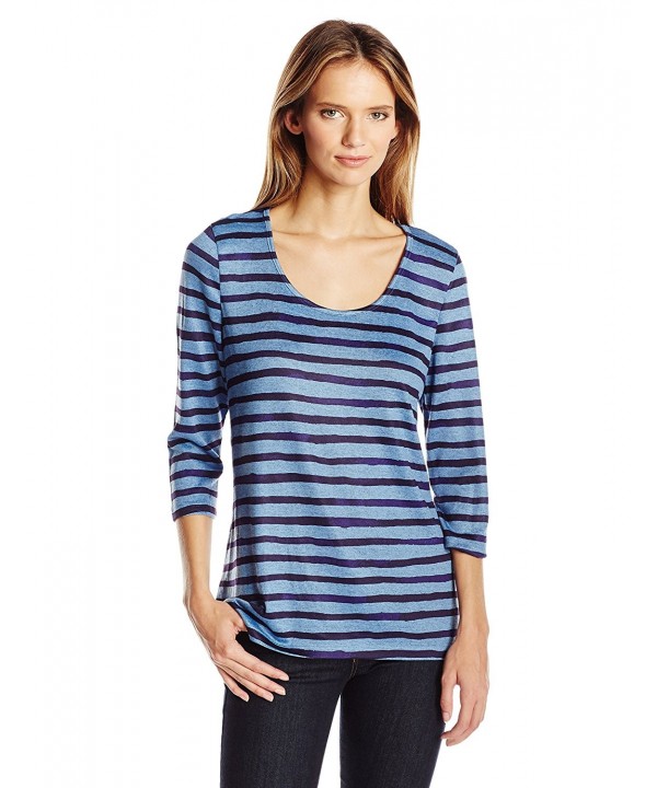 Women's 3/4 Sleeve Stripe Top With Attached Scarf - Montauk Stripe ...