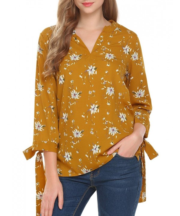 Women Floral Casual Tops V Neck 3 4 Sleeve Bow Pullover Tshirt Blouses ...