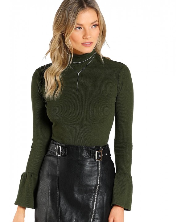 Women's Bell Cuff Long Sleeve Knit Fitted T-Shirt - Green - CZ188806I8Z