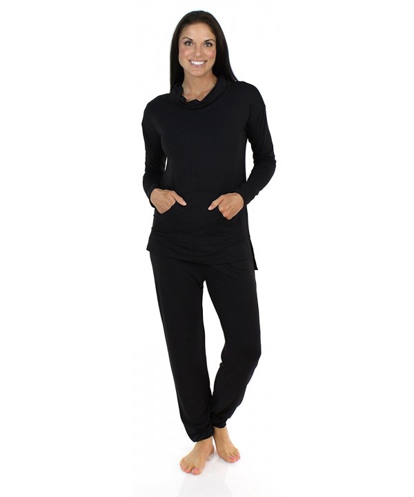Women's Cowl Neck Long Sleeve Pajama Lounge Set - Black - C9182IXEHOR