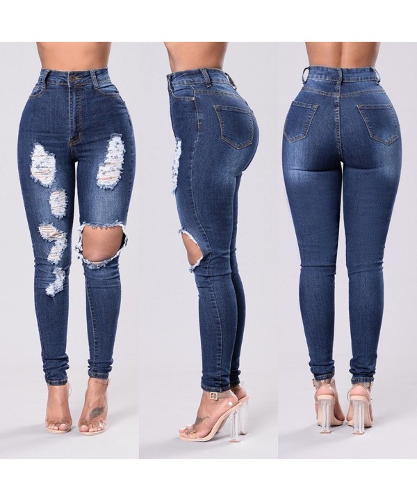 Womens Juniors High Waisted Skinny Ripped Holes Denim Jeans - Navy Blue ...