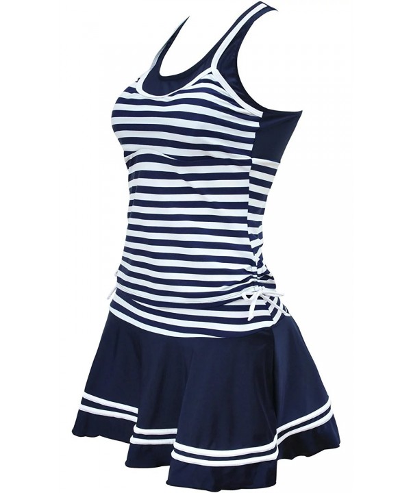 Women's Nautical Sailor Stripes 2 Pieces Swim Dress Suit - Dark Blue ...