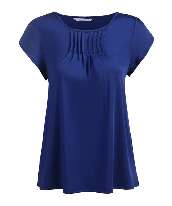Women's Scoop Neck Pleated Blouse Top Tunic Shirt - Blue - CZ189K4MXGU