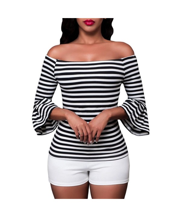 Womens Sexy Striped Off Shoulder Flare Bell Sleeve Casual Blouse Tops ...