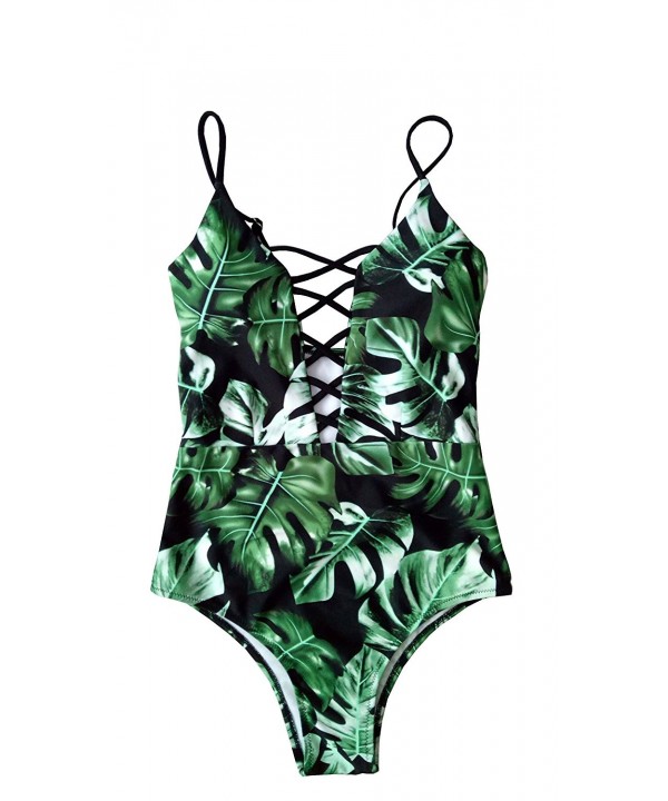 Swimwear Women's One Piece Criss Bandage Swimsuit Solid Color Floral ...