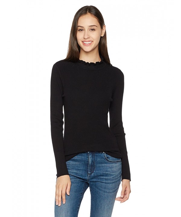Women's Long-Sleeve Pullover Sweater with Ruffled Crew Neck - Black ...