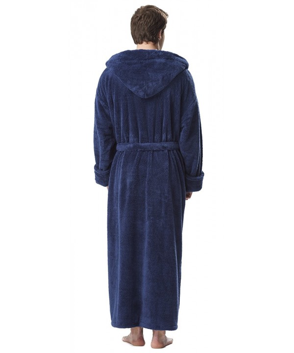 Men's Fleece Robe- Long Hooded Turkish Bathrobe - Navy Blue - CA182E8ARAA