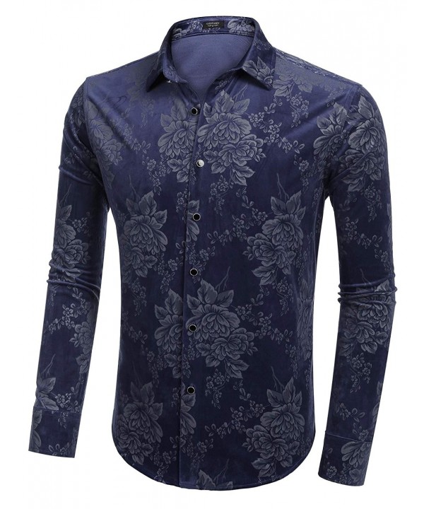 Mens Fleece Floral Print Long Sleeve Button Down Shirt - Blue - CX1878LZGIG