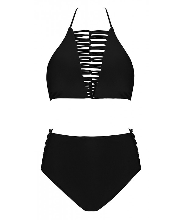 Women's Criss Cross Strappy Front Halter Sexy Bikini Set - Black ...